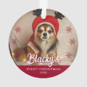 Erste Weihnachts Welpe Foto Rote Schneeflocken Ornament (Rückseite)