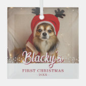 Erste Weihnachts Welpe Foto White Stars Ornament Aus Glas (Vorderseite)