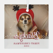 Erste Weihnachts Welpe Foto White Stars Ornament Aus Glas (Rückseite)