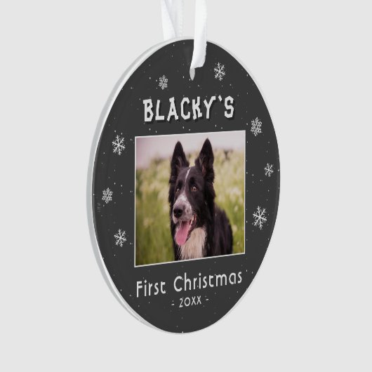 Erste Weihnachts Welpe Grau Snowflakes Foto Ornament (Vorderseite)