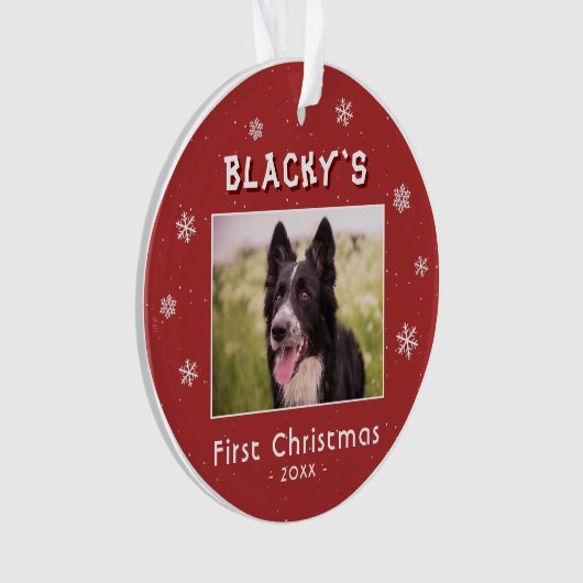 Erste Weihnachts Welpe Red Snowflakes Foto Ornament (Vorderseite)