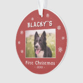 Erste Weihnachts Welpe Red Snowflakes Foto Ornament (Vorderseite)