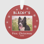 Erste Weihnachts Welpe Red Snowflakes Foto Ornament (Vorderseite)