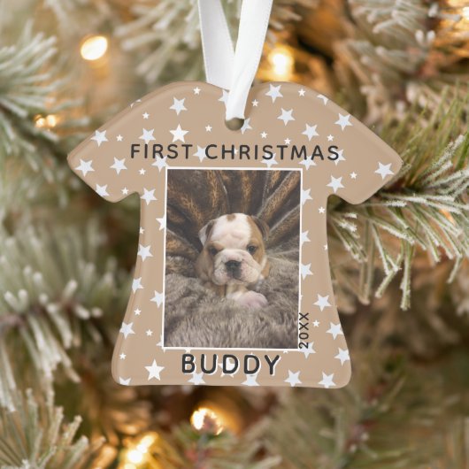 Erste Weihnachts Welpen Hund Foto Star Muster Ornament (Baum)