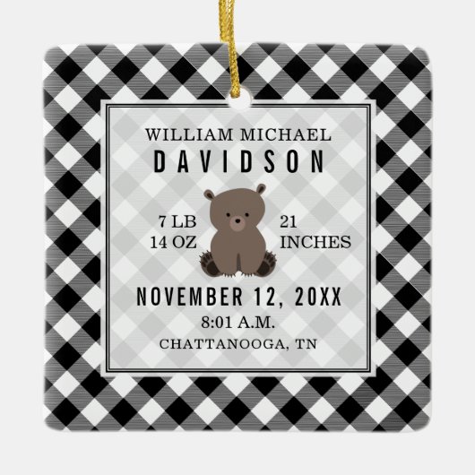 Erste Weihnachtsbabys Details Karierter Bär Keramikornament (Vorderseite)