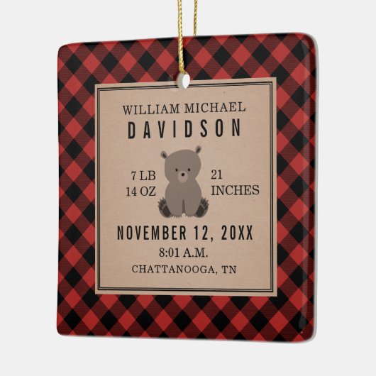 Erste Weihnachtsbabys Details Roter Karierter Bär Keramikornament (Links)