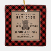 Erste Weihnachtsbabys Details Roter Karierter Bär Keramikornament (Vorderseite)