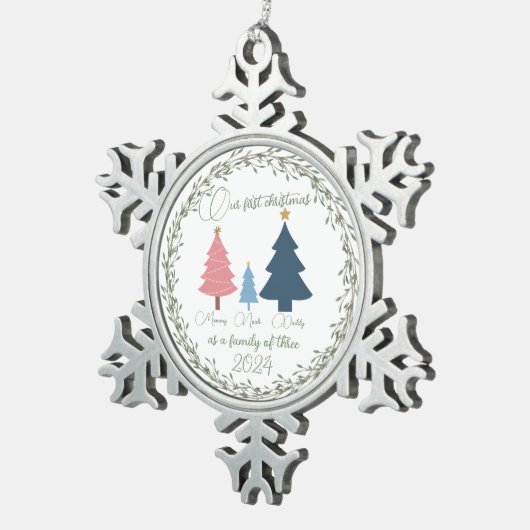 Erste Weihnachtsbabys, rosa und blaue Bäume Schneeflocken Zinn-Ornament (Rechts)