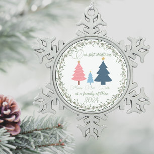 Erste Weihnachtsbabys, rosa und blaue Bäume Schneeflocken Zinn-Ornament