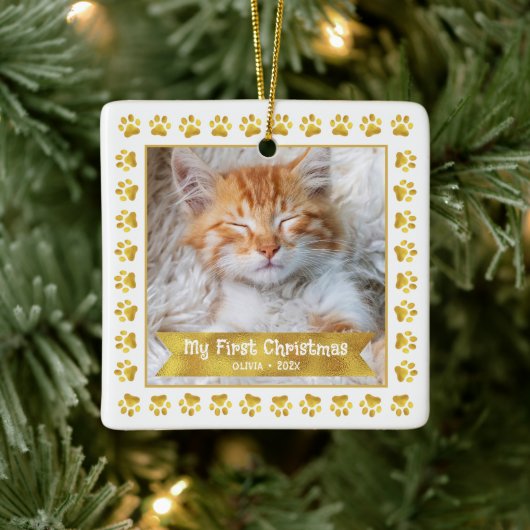 Erste Weihnachtsbriefe Kitten Foto Gold Paws Custo Keramikornament (Baum)