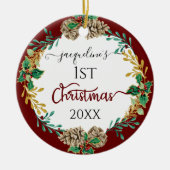 Erste Weihnachtseltern Holly Pine Cone Leaf Foto Keramik Ornament (Vorne)