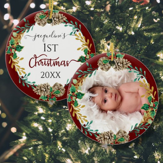 Erste Weihnachtseltern Holly Pine Cone Leaf Foto Keramik Ornament