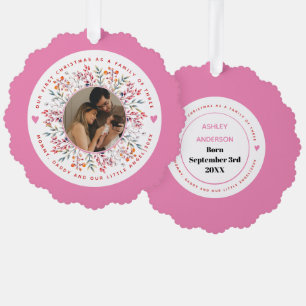 Erste Weihnachtsfamilie aus drei rosa Foto Ornament Karte