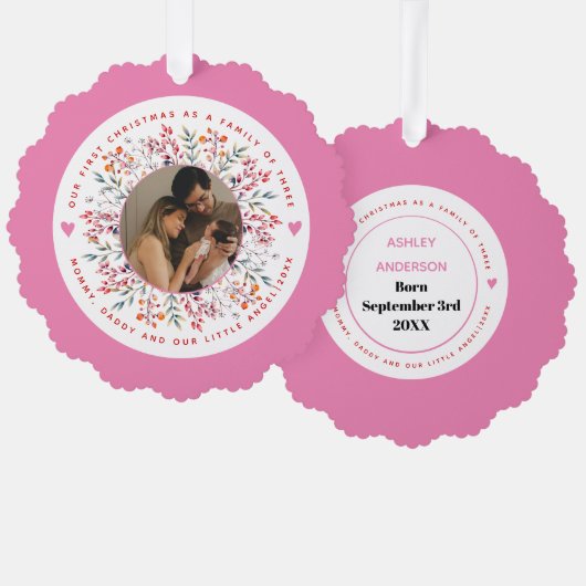 Erste Weihnachtsfamilie aus drei rosa Foto Ornament Karte (Vorderseite/Rückseite)