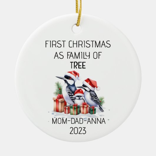 Erste Weihnachtsfamilie der Baumspecht Keramik Ornament (Vorne)