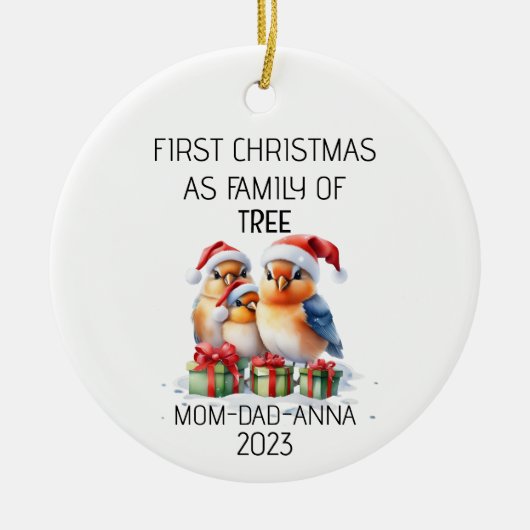 Erste Weihnachtsfamilie der Baumvögel Keramik Ornament (Vorne)