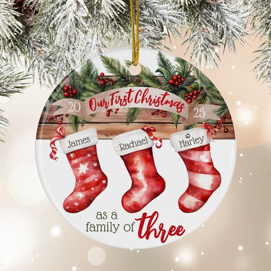 Erste Weihnachtsfamilie von 3 Hundenamens-Strümpfe Keramik Ornament