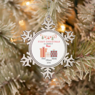 Erste Weihnachtsfamilie von drei Keepake Schneeflocken Zinn-Ornament
