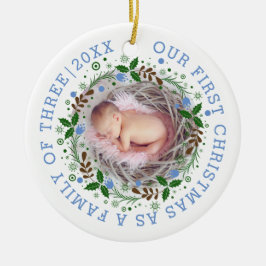 Erste Weihnachtsfamilie von drei kränzblauen Fotos Keramik Ornament