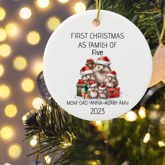 Erste Weihnachtsfamilie von fünf Igeln Keramik Ornament