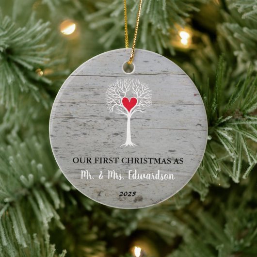 Erste Weihnachtsfeier als Liebe von Herrn und Frau Keramik Ornament (Baum)