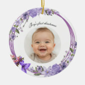 Erste Weihnachtsfeier des Babys - Lila Blumenreath Keramik Ornament (Vorne)