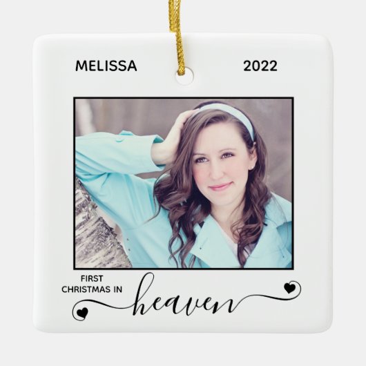 Erste Weihnachtsfeier Einfache 2-Foto-Gedenkstätte Keramikornament (Vorderseite)