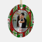 Erste Weihnachtsfeier mit Foto Candy Stripes Keramik Ornament (Rechts)