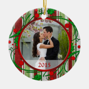 Erste Weihnachtsfeier mit Foto Candy Stripes Keramik Ornament