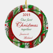 Erste Weihnachtsfeier mit Foto Candy Stripes Keramik Ornament (Hinten)