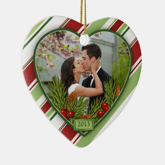 Erste Weihnachtsfeier mit Foto Candy Stripes Keramik Ornament (Rechts)