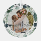 Erste Weihnachtsfeier mit Fotos Ornament Aus Glas (Rückseite)