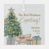 Erste Weihnachtsfeier mit Weihnachtsbaum und Weihn Ornament Aus Glas (Vorderseite)