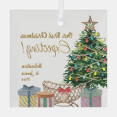 Erste Weihnachtsfeier mit Weihnachtsbaum und Weihn Ornament Aus Glas (Rückseite)