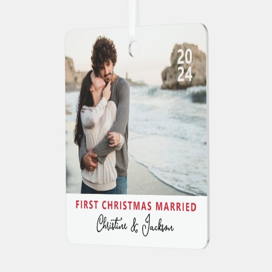Erste Weihnachtsfeier | Modernes Trendy Couple Fot Ornament Aus Metall (Vorderseite links)