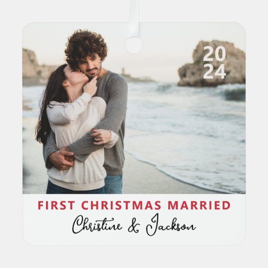 Erste Weihnachtsfeier | Modernes Trendy Couple Fot Ornament Aus Metall (Vorderseite)