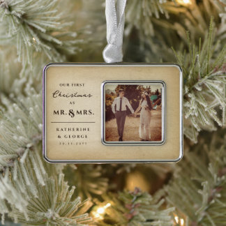 Erste Weihnachtsfeier Mr. & Mrs. Vintage Wedding F Rahmen-Ornament Silber