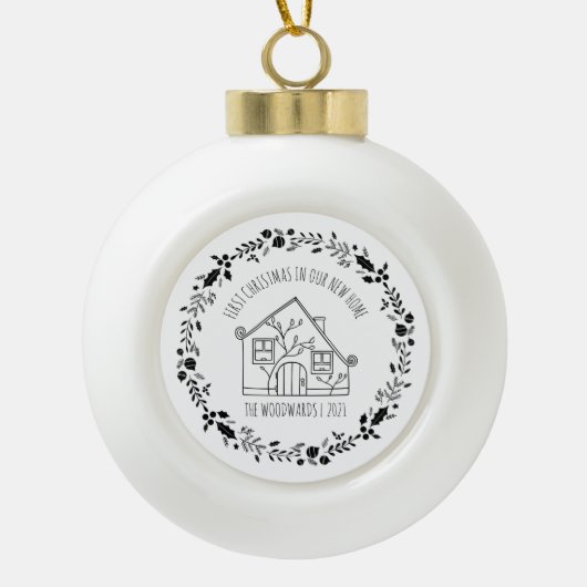 Erste Weihnachtsfeier Neue Zuhause Schwarz-weißes Keramik Kugel-Ornament (Vorderseite)