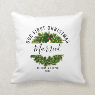 Erste Weihnachtsfeier Verheiratet Berry Wreath Per Kissen