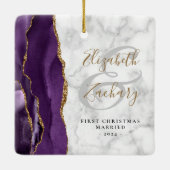 Erste Weihnachtsfeier Verheiratet Lila Agate Marbl Keramikornament (Rückseite)