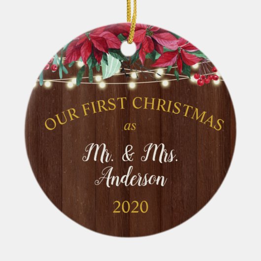 Erste Weihnachtsfeier Verheiratet Rustikale Poinse Keramik Ornament (Vorne)