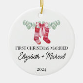 Erste Weihnachtsfeier Verheirateter Strumpf Keramik Ornament (Vorne)