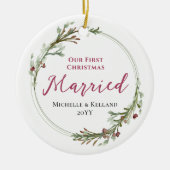 Erste Weihnachtsfeier Verheiratetes Minimal-Kranz- Keramik Ornament (Vorne)
