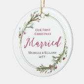 Erste Weihnachtsfeier Verheiratetes Minimal-Kranz- Keramik Ornament (Links)