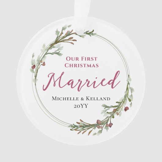 Erste Weihnachtsfeier Verheiratetes Minimal-Kranz- Ornament (Vorderseite)