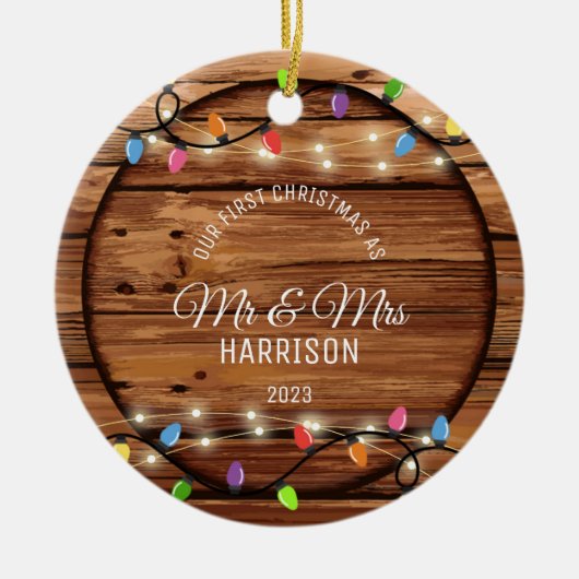 Erste Weihnachtsfeier Verheiratetes rustikales Str Keramik Ornament (Vorne)
