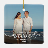 Erste Weihnachtsfeier Verheiratetes zweiseitiges F Keramikornament (Rückseite)