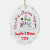Erste Weihnachtsfeier Verlobt Snowman Personalisie Keramik Ornament (Rechts)