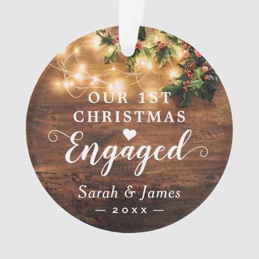 Erste Weihnachtsfeier Verlobte rustikale String Li Ornament (Vorderseite)