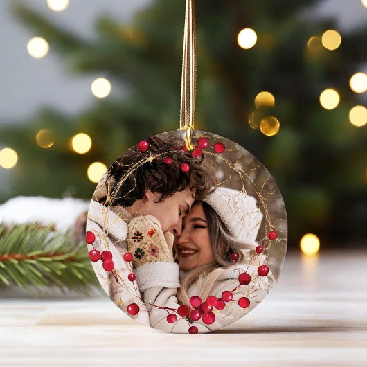 Erste Weihnachtsfeier Verlobter Blumenkranz Foto Keramik Ornament